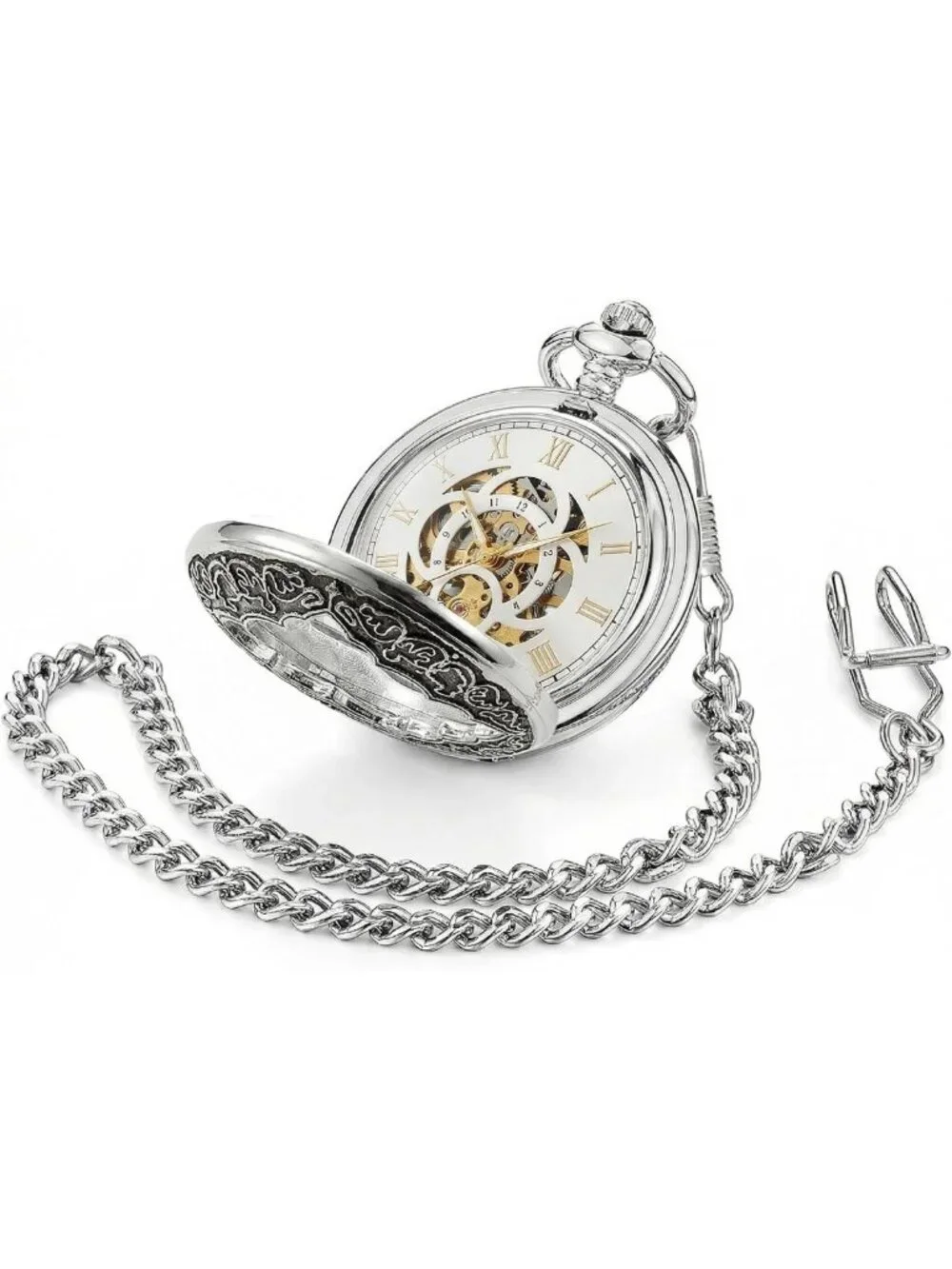 Vintage Silver Skeleton Mechanical Pocket Watch with Chain - Double-Open Case